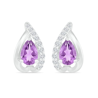 Pear-Shaped Amethyst and White Lab-Created Sapphire Teardrop Frame Stud Earrings in Sterling Silver