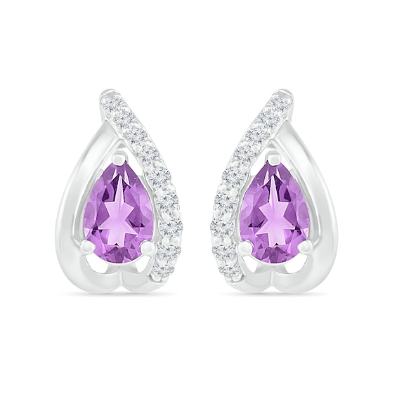 Pear-Shaped Amethyst and White Lab-Created Sapphire Teardrop Frame Stud Earrings in Sterling Silver