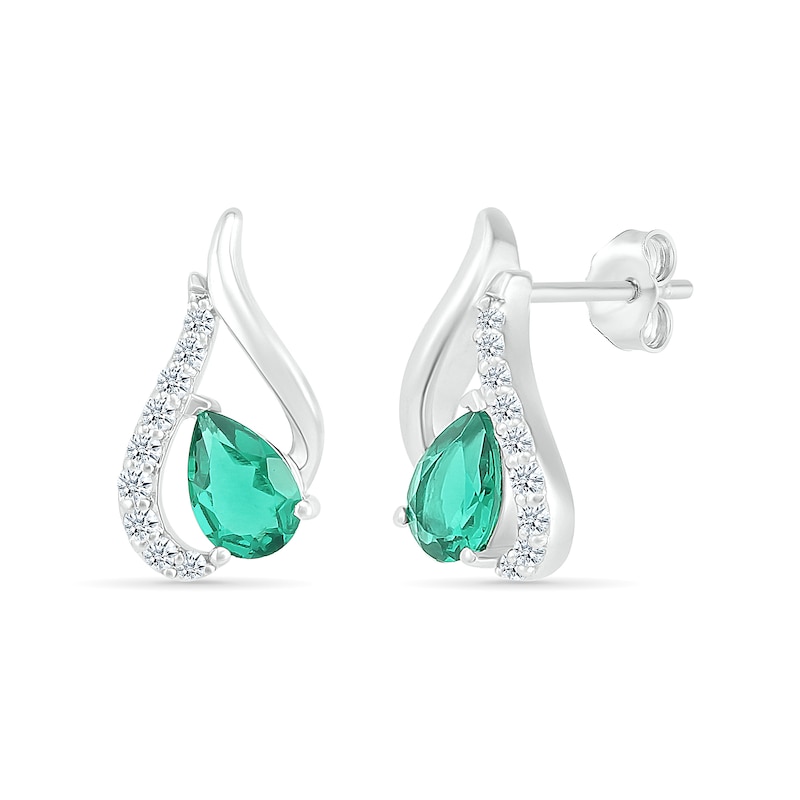 Pear-Shaped Lab-Created Emerald and White Sapphire Tilted Flame Stud Earrings in Sterling Silver|Peoples Jewellers