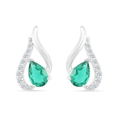 Pear-Shaped Lab-Created Emerald and White Sapphire Tilted Flame Stud Earrings in Sterling Silver