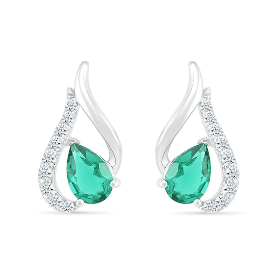 Pear-Shaped Lab-Created Emerald and White Sapphire Tilted Flame Stud Earrings in Sterling Silver