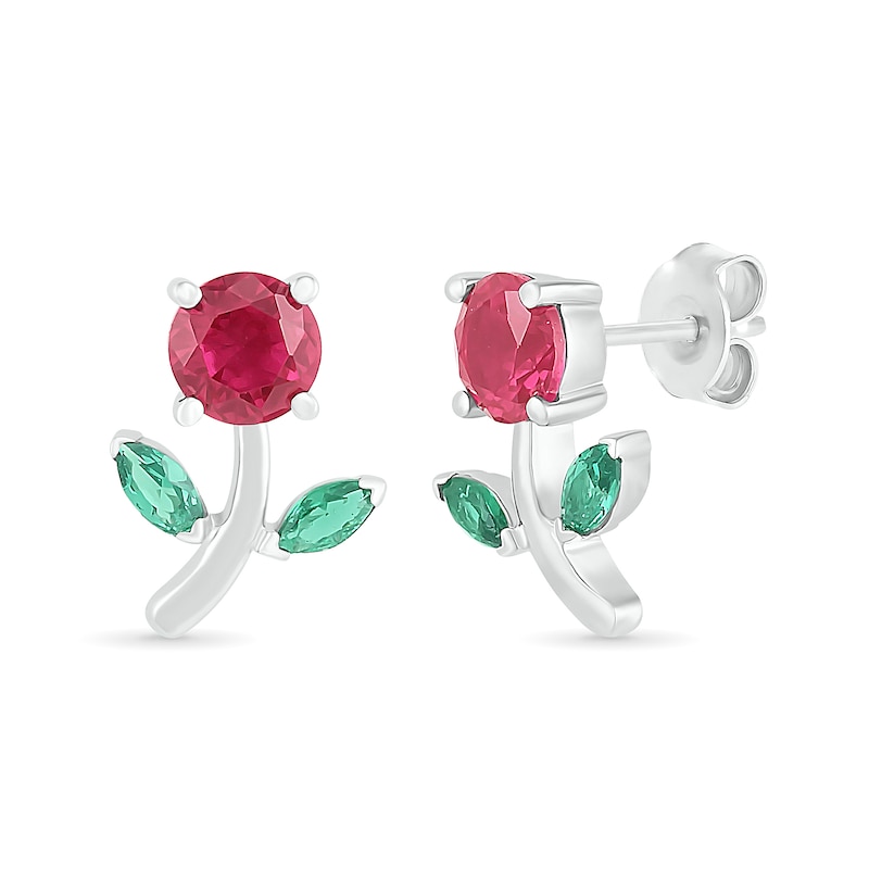 Lab-Created Ruby and Emerald Flower with Stem Stud Earrings in Sterling Silver
