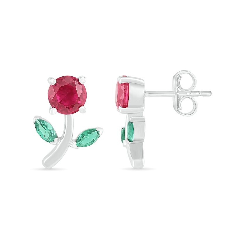 Lab-Created Ruby and Emerald Flower with Stem Stud Earrings in Sterling Silver
