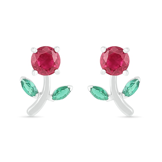 Lab-Created Ruby and Emerald Flower with Stem Stud Earrings in Sterling Silver