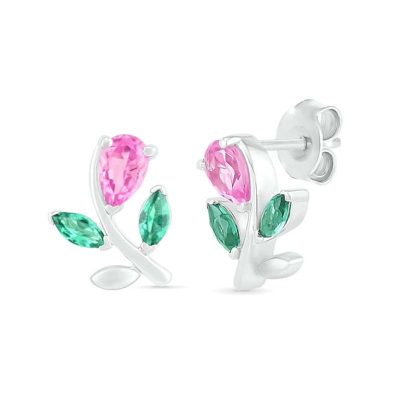 Pear-Shaped Lab-Created Pink Sapphire and Emerald Flower with Stem Stud Earrings in Sterling Silver