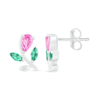 Pear-Shaped Lab-Created Pink Sapphire and Emerald Flower with Stem Stud Earrings in Sterling Silver