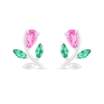 Pear-Shaped Lab-Created Pink Sapphire and Emerald Flower with Stem Stud Earrings in Sterling Silver