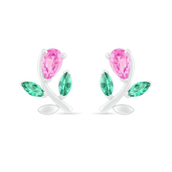 Pear-Shaped Lab-Created Pink Sapphire and Emerald Flower with Stem Stud Earrings in Sterling Silver