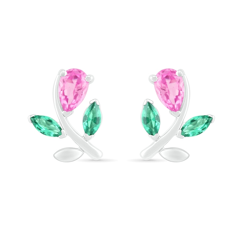 Pear-Shaped Lab-Created Pink Sapphire and Emerald Flower with Stem Stud Earrings in Sterling Silver