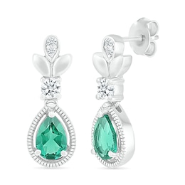 Pear-Shaped Lab-Created Emerald and White Sapphire Floral Vintage-Style Drop Earrings in Sterling Silver