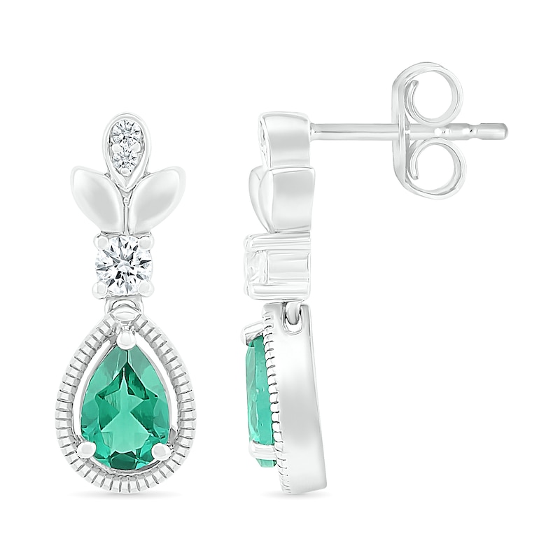 Pear-Shaped Lab-Created Emerald and White Sapphire Floral Vintage-Style Drop Earrings in Sterling Silver|Peoples Jewellers