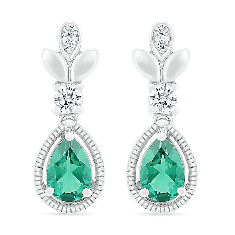 Pear-Shaped Lab-Created Emerald and White Sapphire Floral Vintage-Style Drop Earrings in Sterling Silver
