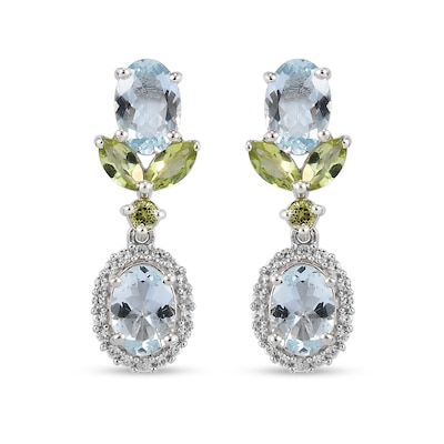 Oval Aquamarine, Peridot and White Zircon Frame Floral Double Drop Earrings in Sterling Silver