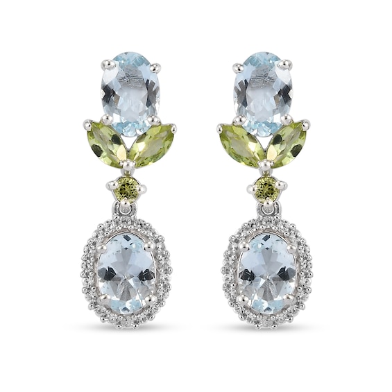 Oval Aquamarine, Peridot and White Zircon Frame Floral Double Drop Earrings in Sterling Silver