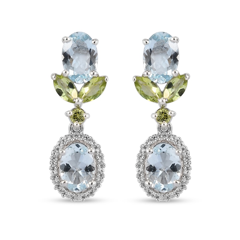 Oval Aquamarine, Peridot and White Zircon Frame Floral Double Drop Earrings in Sterling Silver|Peoples Jewellers