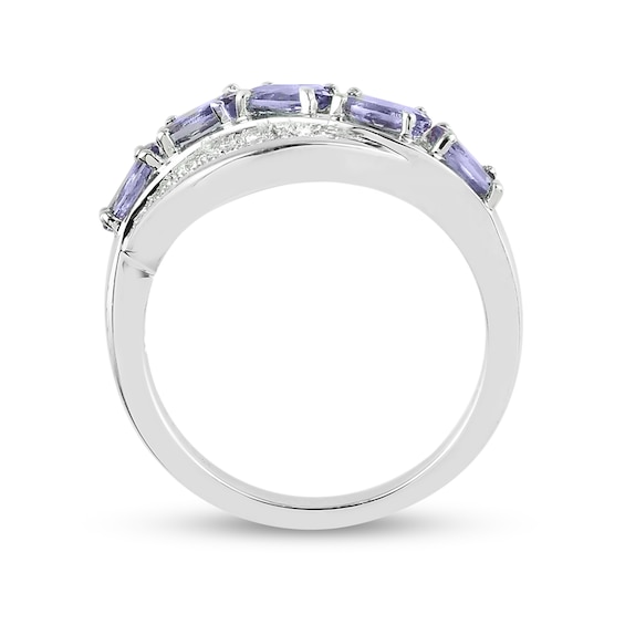 Oval Tanzanite and White Zircon Five Stone Wave Ring in Sterling Silver