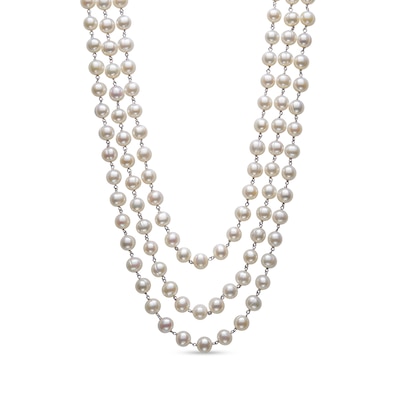 7.0-8.0mm Oval Freshwater Cultured Pearl Triple Strand Necklace in Sterling Silver – 22"