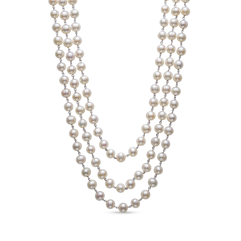 7.0-8.0mm Oval Freshwater Cultured Pearl Triple Strand Necklace in Sterling Silver – 22"