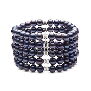 7.0-8.0mm Dyed Black Freshwater Cultured Pearl and Bead Multi-Row Stretch Bracelet in Sterling Silver