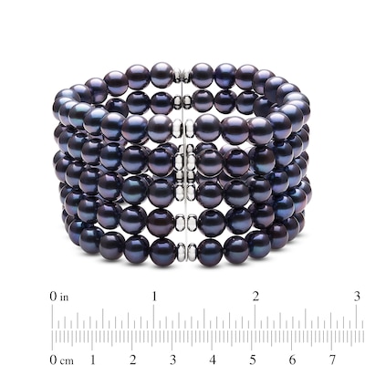 7.0-8.0mm Dyed Black Freshwater Cultured Pearl and Bead Multi-Row Stretch Bracelet in Sterling Silver