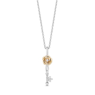 Enchanted Disney Belle Diamond Accent Key Pendant and Rose Stud Earrings Set in Sterling Silver with 10K Gold - 19"