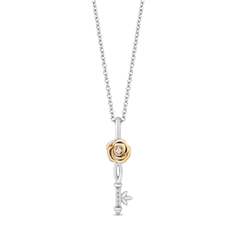 Enchanted Disney Belle Diamond Accent Key Pendant and Rose Stud Earrings Set in Sterling Silver with 10K Gold - 19"|Peoples Jewellers