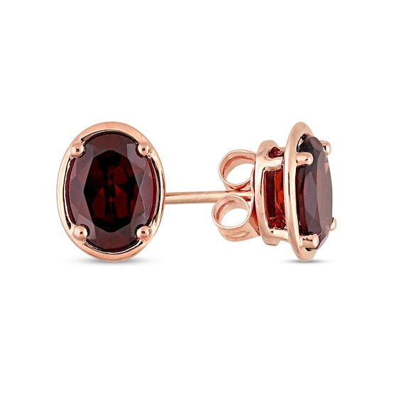 Oval Garnet Outline Frame Stud Earrings in 14K Rose Gold