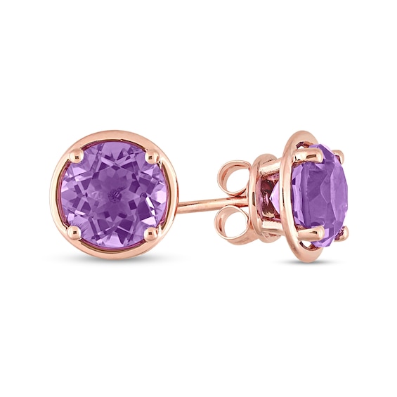 Round Amethyst Outline Frame Stud Earrings in 14K Rose Gold