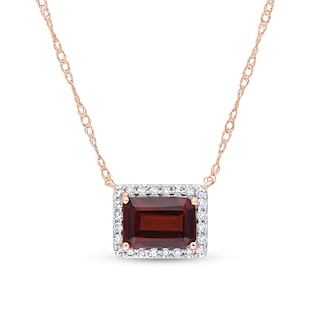 Sideways Emerald-Cut Garnet and 0.12 CT. T.W. Diamond Frame Necklace in 10K Rose Gold