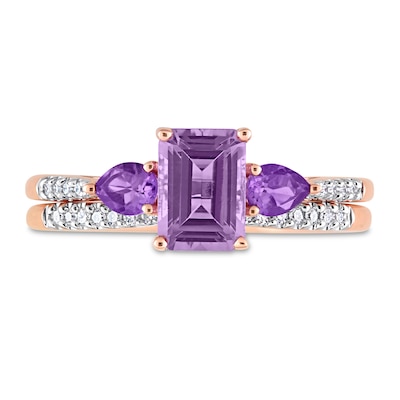 Multi-Shape Amethyst and 0.09 CT. T.W. Diamond Three Stone Bridal Set in 10K Rose Gold