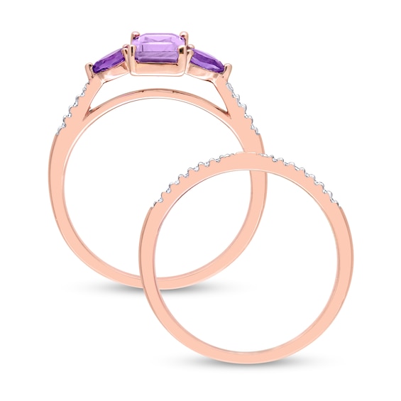 Multi-Shape Amethyst and 0.09 CT. T.W. Diamond Three Stone Bridal Set in 10K Rose Gold