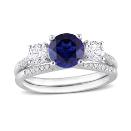 Blue and White Sapphire and 0.09 CT. T.W. Diamond Three Stone Bridal Set in 10K White Gold