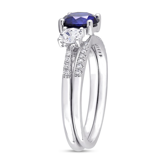 Blue and White Sapphire and 0.09 CT. T.W. Diamond Three Stone Bridal Set in 10K White Gold