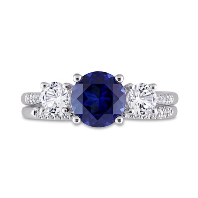 Blue and White Sapphire and 0.09 CT. T.W. Diamond Three Stone Bridal Set in 10K White Gold