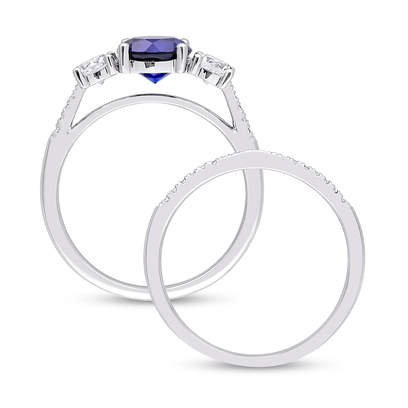 Blue and White Sapphire and 0.09 CT. T.W. Diamond Three Stone Bridal Set in 10K White Gold|Peoples Jewellers