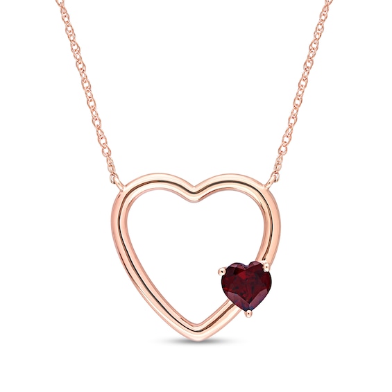 Offset Garnet Heart Outline Necklace in 10K Rose Gold