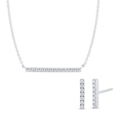 0.17 CT. T.W. Diamond Bar Necklace and Stud Earrings Set in Sterling Silver - 17"