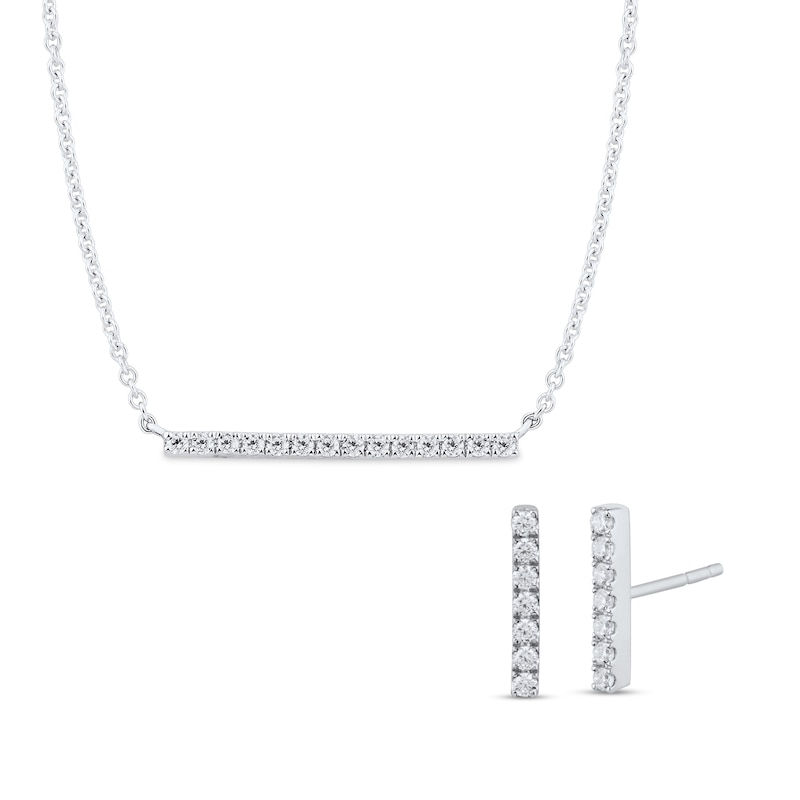 0.17 CT. T.W. Diamond Bar Necklace and Stud Earrings Set in Sterling Silver - 17"|Peoples Jewellers