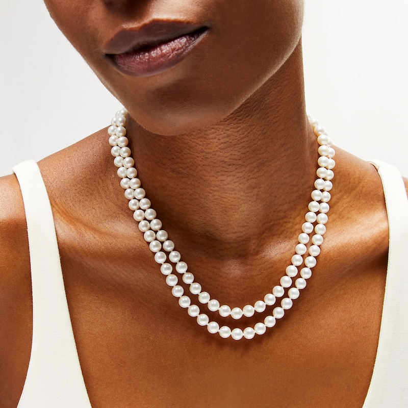 6.5mm Freshwater Cultured Pearl Double Strand Necklace with 14K Gold Round Filigree Clasp