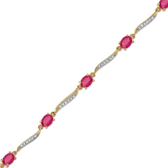 Oval Ruby and 0.16 CT. T.W. Diamond Wave Link Alternating Line Bracelet in 14K Gold - 7.25"