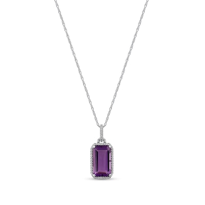 Elongated Emerald-Cut Amethyst and White Topaz Frame Pendant in Sterling Silver