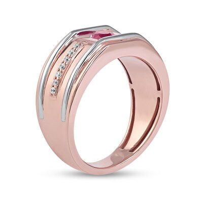 Men's 5.0mm Ruby and 0.12 CT. T.W. Diamond Grooved Wedding Band in 10K Two-Tone Gold