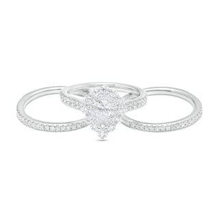 1.66 CT. T.W. Pear-Shaped Diamond Double Scallop Edge Frame Three Piece Bridal Set in 14K White Gold