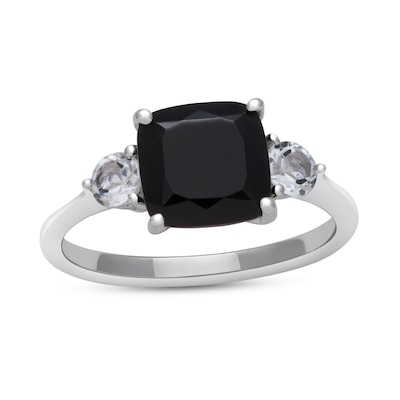 8.0mm Cushion-Cut Onyx and White Topaz Ring in Sterling Silver