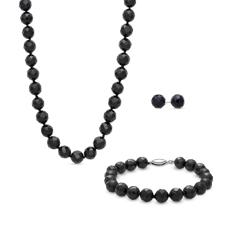 Faceted Onyx Bead Strand Necklace, Bracelet and Stud Earrings Set in Sterling Silver