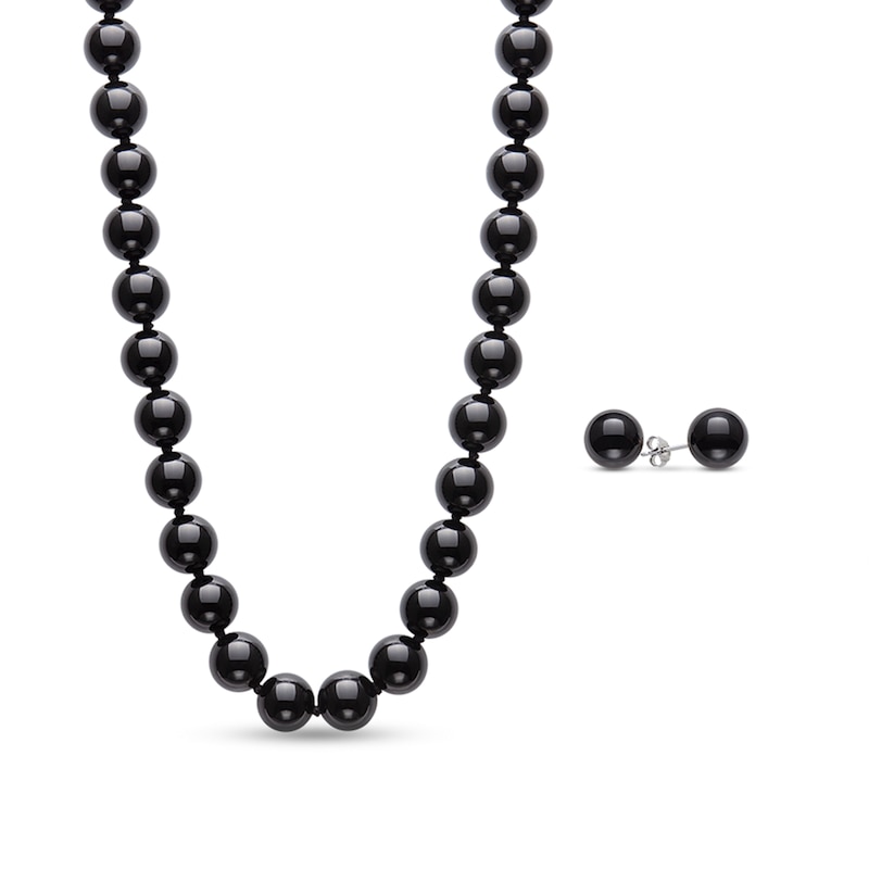 Faceted Onyx Bead Strand Necklace and Stud Earrings Set in Sterling Silver|Peoples Jewellers