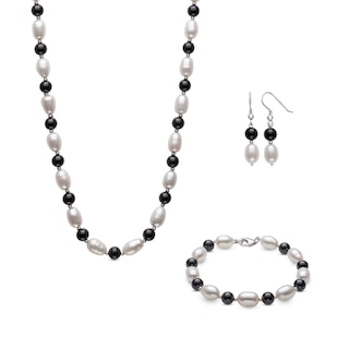 Alternating Onyx and Freshwater Cultured Pearl Strand Necklace, Bracelet and Drop Earrings Set in Sterling Silver