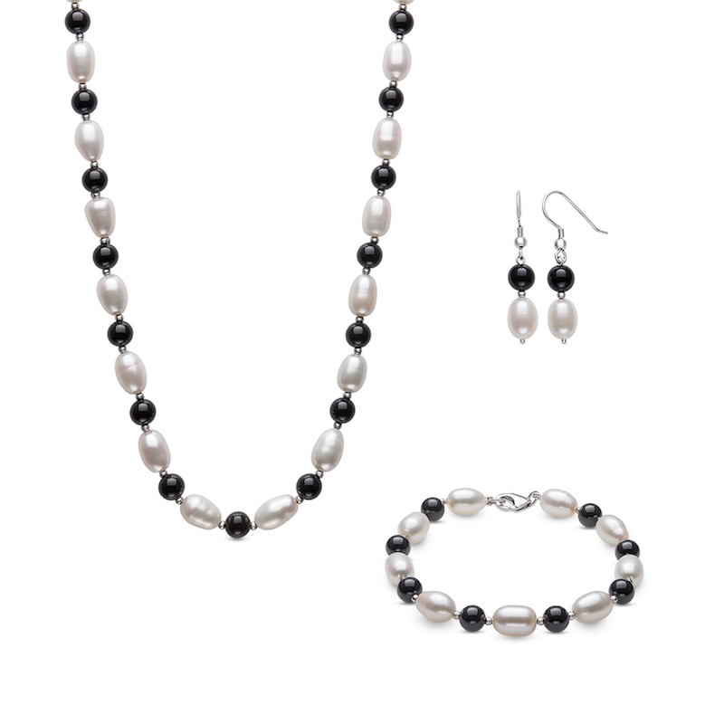Alternating Onyx and Freshwater Cultured Pearl Strand Necklace, Bracelet and Drop Earrings Set in Sterling Silver|Peoples Jewellers