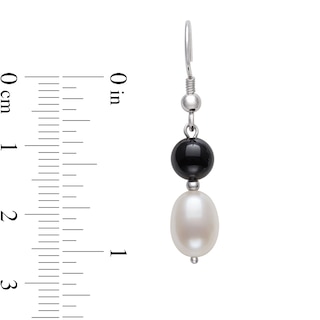 Alternating Onyx and Freshwater Cultured Pearl Strand Necklace, Bracelet and Drop Earrings Set in Sterling Silver