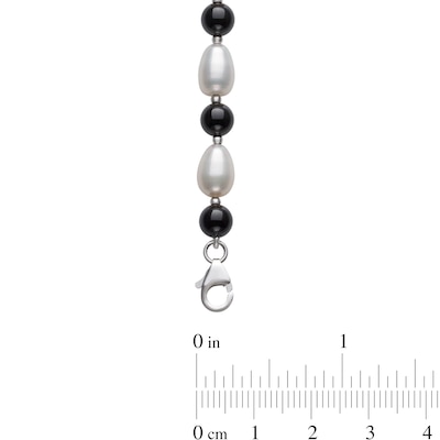 Alternating Onyx and Freshwater Cultured Pearl Strand Necklace, Bracelet and Drop Earrings Set in Sterling Silver